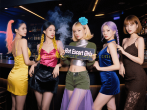 Five women in stylish dresses hold a sign that says "Hot Escort Girls.