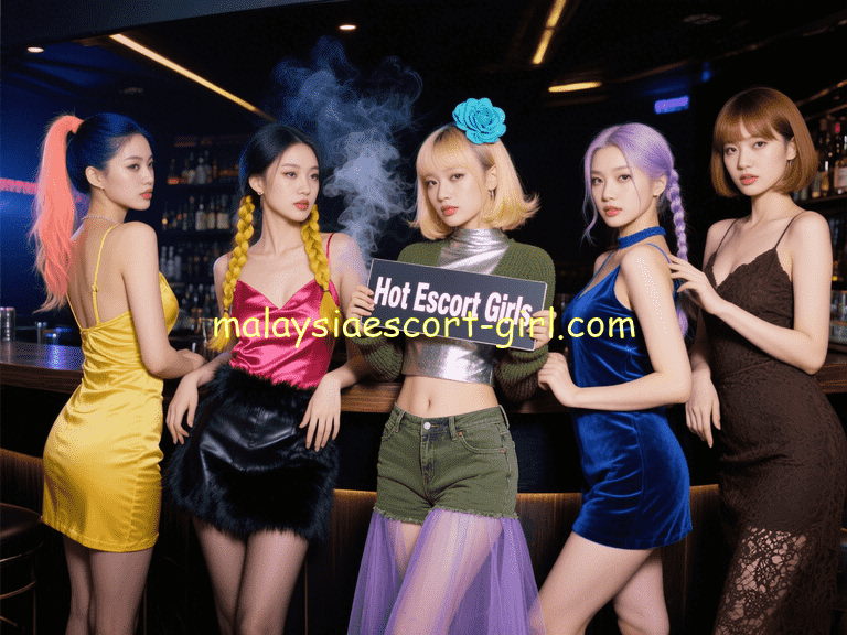Five women in stylish dresses hold a sign that says "Hot Escort Girls.