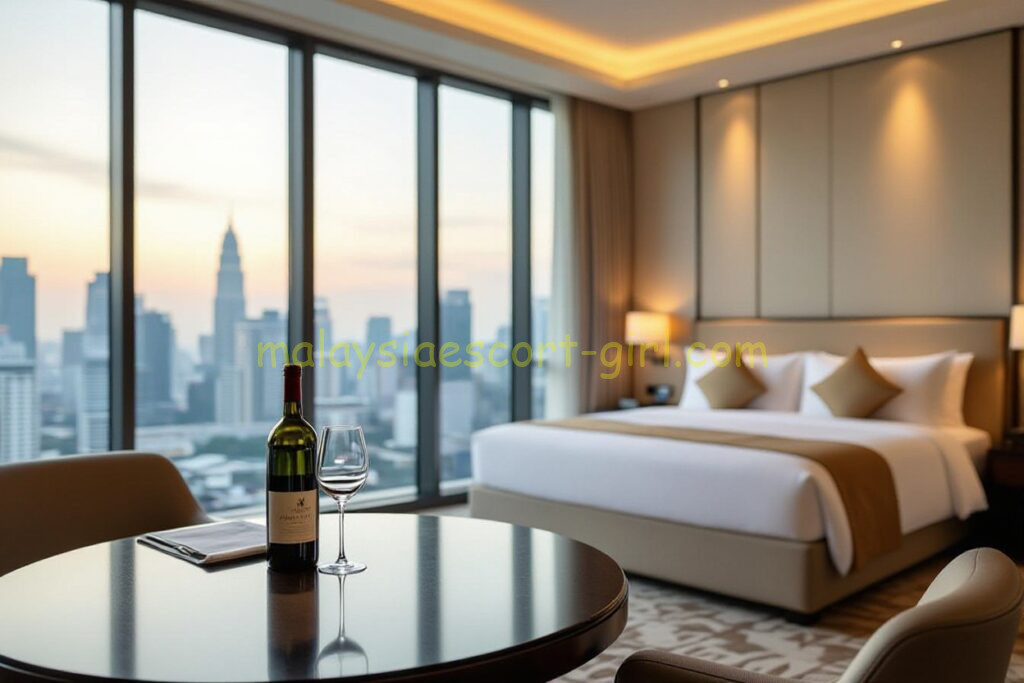 Luxury hotel room with city view, wine bottle, and glass on table.