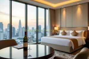 Luxury hotel room with city view, wine bottle, and glass on table.