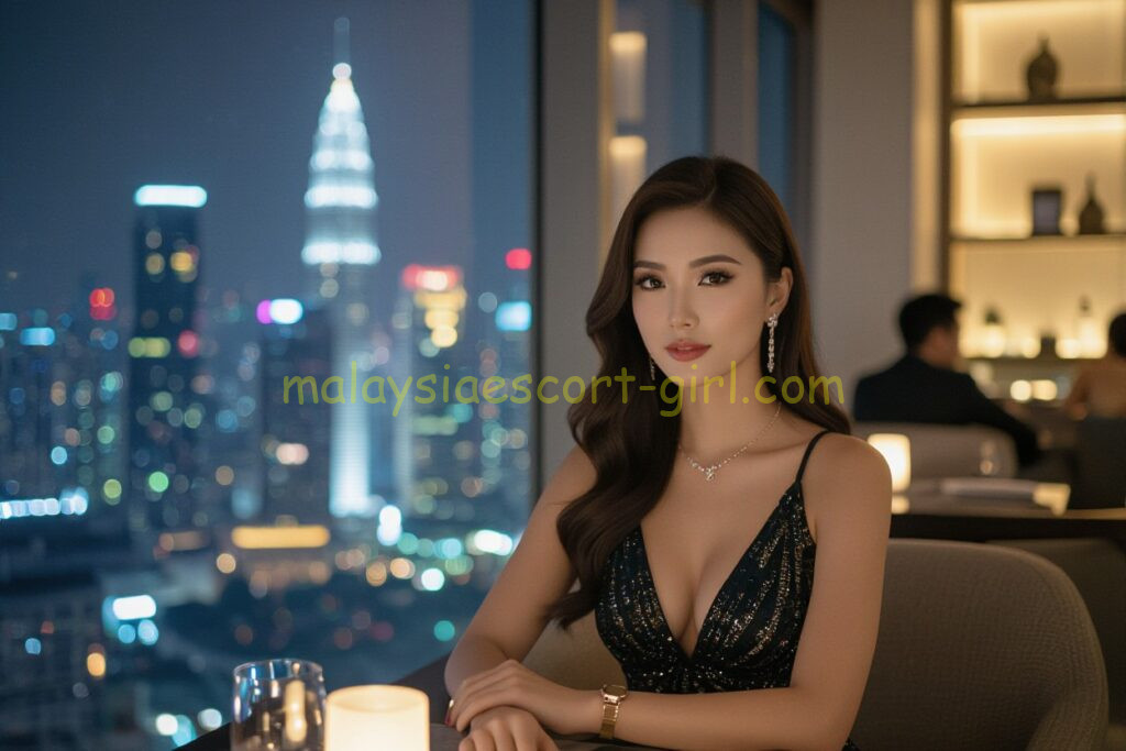 Elegant woman in a sparkling dress enjoys a city view at night.