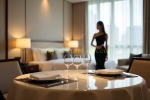 Luxurious hotel room with set table, wine glasses, and woman in evening gown. Winter vacation getaway.